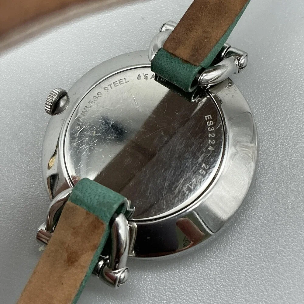 Fossil Georgia ES3224 Women Watch 32mm Silver Dial Green Tan Leather New Battery